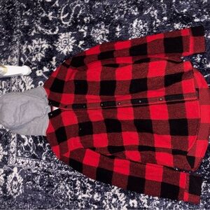 American Eagle Outfitters Red and Black Plaid Jacket with Gray Hood